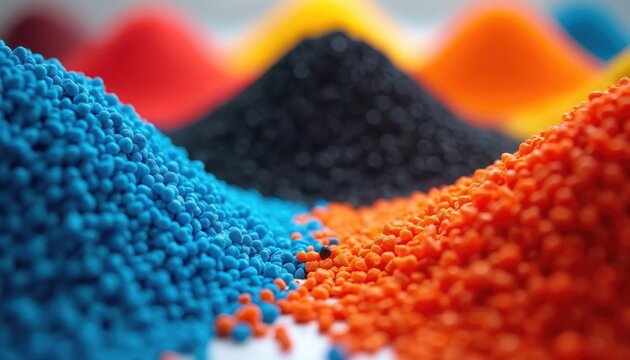 Close up of many colorful plastic pellets forming several distinct piles. Blue, orange, black granules visible in foreground. Raw materials used in industrial manufacturing, chemistry, production