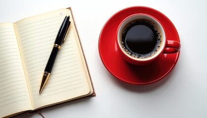 Red mug with hot black coffee on white surface next to open brown notebook. Black pen with gold accents rests on lined pages. Simple still life shows moment of thought, writing, planning. Morning