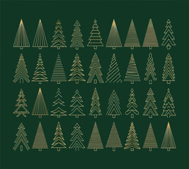Illustration of elegant christmas trees collection a set of 35 golden line art trees on a dark green background for festive designs and holiday decorations