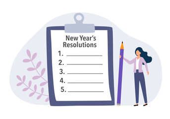 Plan your future and write down your list, goals and ideas. Woman holds pencil and taking notes planning for New Year's resolution.