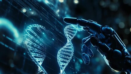 Robot hand touching digital dna double helix strand - Powered by Adobe
