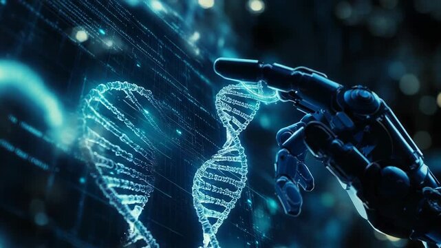 Robot hand touching digital dna double helix strand - Powered by Adobe