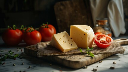 Fresh Tomato and Cheese on Cutting Board