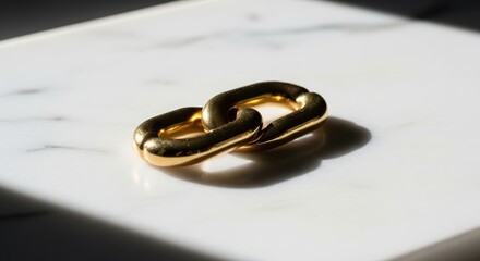 Shiny gold chain link on marble surface with shadows and light