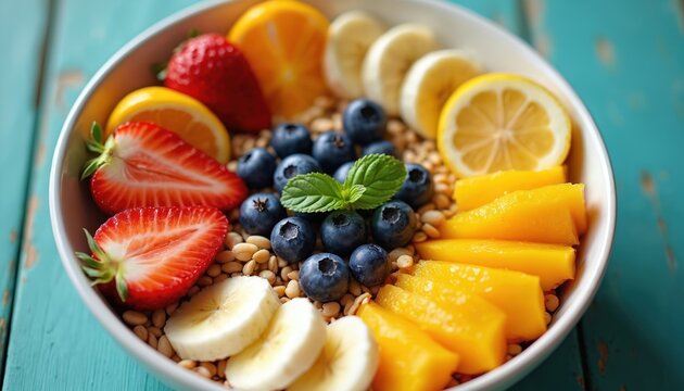 Bowl of colorful fresh fruit with berries, sliced banana, mango, lemon, orange, strawberries arranged on granola. Healthy breakfast food served on rustic blue wooden table, garnished with mint leaf.