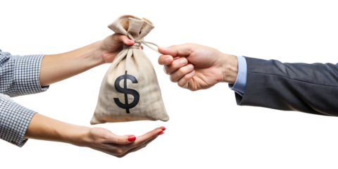 Male hand in suit, giving money bag with dollar sign to female hand with red nails, cutout, PNG, isolated on white or transparent background, AI