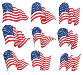 Illustration of collection of nine waving american flags, each with a unique design, representing the values and ideals of the united states
