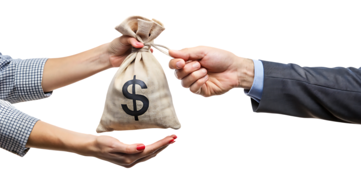Male hand in suit, giving money bag with dollar sign to female hand with red nails, cutout, PNG, isolated on white or transparent background, AI