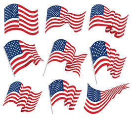Illustration of collection of nine waving american flags, each with a unique design, representing the values and ideals of the united states