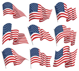 Illustration of collection of nine waving american flags, each with a unique design, representing the values and ideals of the united states