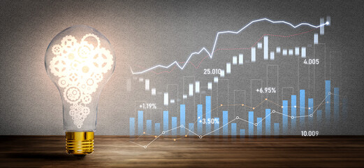 A creative visual representation showcasing a light bulb filled with gears alongside a graph,...