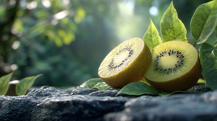 Fresh Kiwi Slices Arranged on Stone