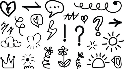 Collection of hand drawn doodle elements including hearts arrows clouds lightning bolts question marks and suns