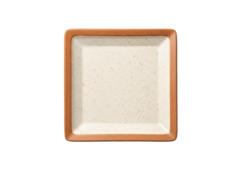 Empty square rustic ceramic plate, cream with brown dots, unglazed brown rim, isolated on transparent background, top-down aerial view, soft lighting. Rustic dining presentation