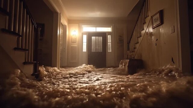 Floodwater surging through a dimly lit house hallway from the front door during a heavy rain or natural disaster event, showing property damage and urgent repair need