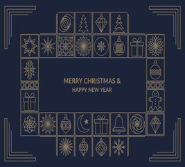 Illustration of elegant merry christmas and happy new year greeting card with golden geometric christmas elements on dark blue background, perfect for holiday season