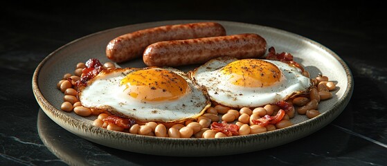 Delicious breakfast with eggs, sausages, and beans