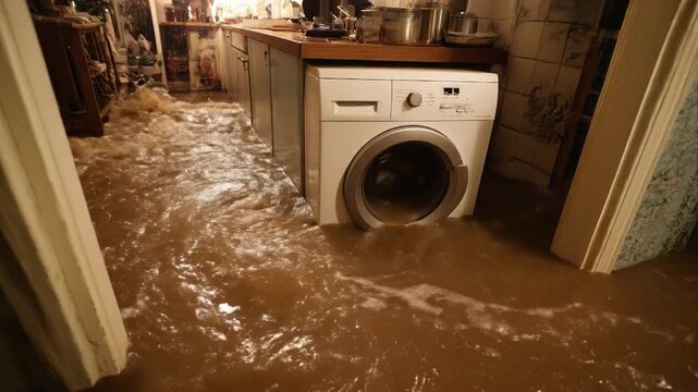 Flooded kitchen room with broken washing machine submerged in brown water, showing damage and need for plumbing or appliance repair service. Washer problem.