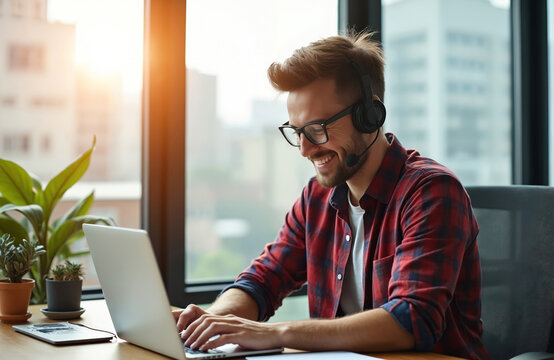 Young man wearing headset smiles while typing on laptop. He works in office with plants and city view. Professional employee uses tech for remote communication and client support.