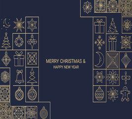 Illustration of elegant merry christmas and happy new year greeting card with golden geometric christmas elements on dark blue background, perfect for holiday season