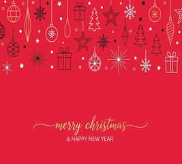 Illustration of charming merry christmas and happy new year background with hand drawn ornaments, snowflakes, gifts, and trees on a deep red background ideal for festive cards