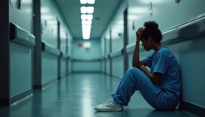 Black nurse sits on hospital floor looking sad, tired. Woman worker experiences burnout in hallway. Emotional strain affects healthcare staff wellbeing. Staff exhaustion leads to mental health crisis.