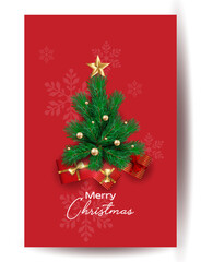 Merry Christmas and Happy New Year background for Greeting cards with tree Branches christmas tree gold paper and gold stars. Merry Christmas vector text Calligraphic Lettering Vector illustration