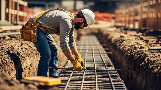 Construction worker securing steel rebar on site