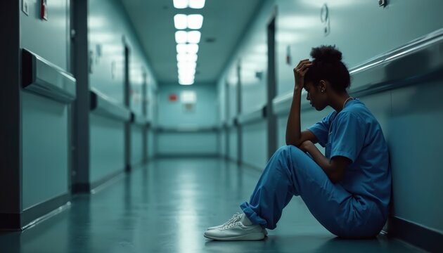 Black nurse sits on hospital floor looking sad, tired. Woman worker experiences burnout in hallway. Emotional strain affects healthcare staff wellbeing. Staff exhaustion leads to mental health crisis.