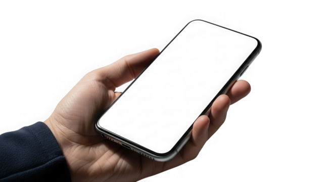 Hand holding modern smartphone with blank white screen isolated on transparent background