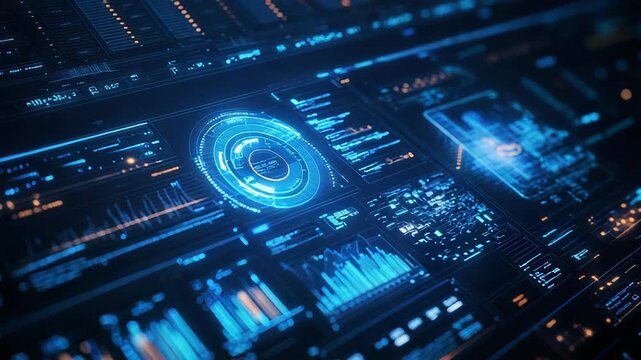 Digital data processing interface displaying futuristic technology dashboards - Powered by Adobe