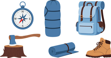 Camping gear essentials, compass, sleeping bag, backpack, hiking boot, axe, rolled mat, outdoor adventure equipment, survival tools, exploration vector illustration