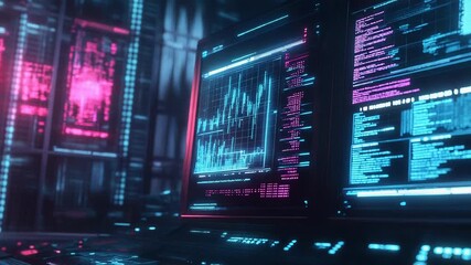 Digital screens displaying data code and financial charts - Powered by Adobe