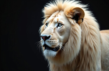 Fototapeta premium Majestic white lion head profile portrait with piercing blue eyes, looking left against stark black background. Fluffy mane, fierce expression convey raw power, wild beauty. Regal predator presence