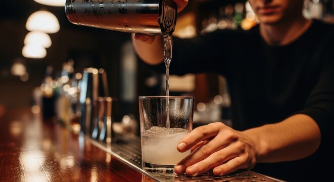Bartender sirviendo bebida alcoh&oacute;lica, primer plano de las manos y el vaso. Durante la noche festiva el ambiente es c&aacute;lido y elegante