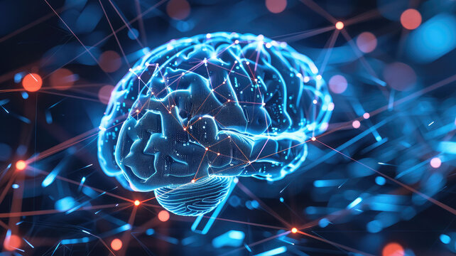 3D digital brain with neural network connections and glowing lines, representing AI intelligence and data technology