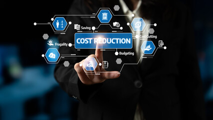 A business professional showcases cost reduction strategies using advanced technology. The image features digital interfaces, icons, and financial concepts for effective management. Tessel