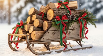 Wooden sled carrying firewood decorated with ribbons in a snowy winter landscape