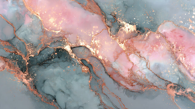 Swirling pink and teal fluid art with rose gold accents abstract marble