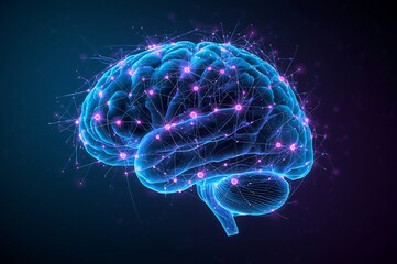 Glowing blue digital brain with neural network connections