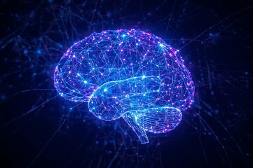 Abstract digital brain with blue and purple neural network connections