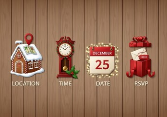 Christmas party invitation elements including a gingerbread house location, grandfather clock time, calendar date, and gift box rsvp