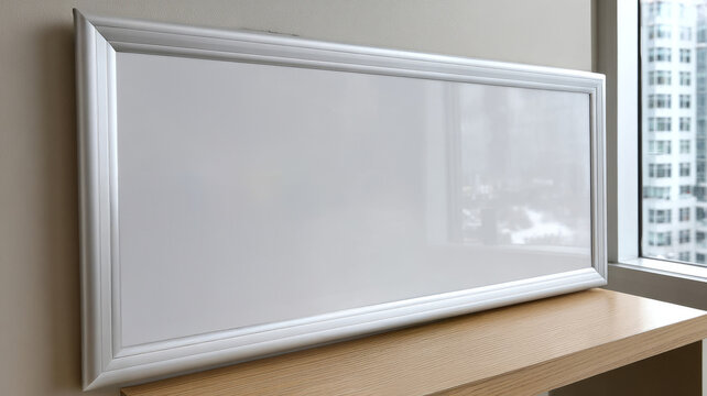 Blank whiteboard in a modern office setting.