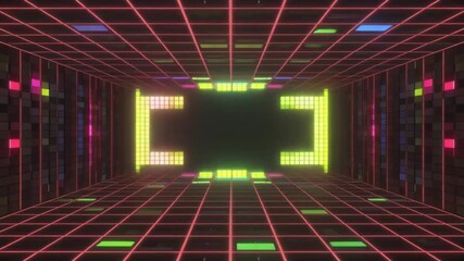 Abstract digital tunnel with neon lights and grids, creating a retro futuristic and synthwave style background for a creative concept. - Powered by Adobe