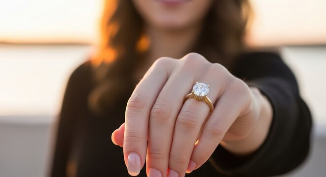 Young caucasian female showing engagement ring at sunset - Powered by Adobe