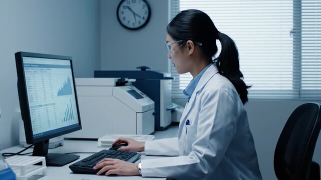 Clinical microbiologist analyzing patient data while monitoring clock in a diagnostic lab