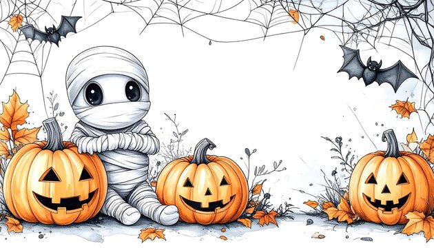 Halloween mummy with pumpkins and bats watercolor illustration.