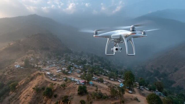 High tech multirotor drone equipped with professional camera flying over mountainous rural village during sunrise capturing aerial images