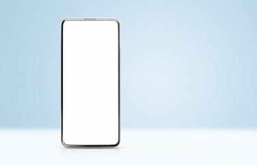 A smartphone with a white screen standing on a light blue background