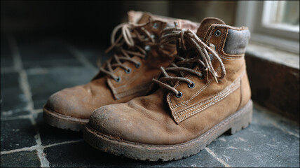Worn leather boots on rustic floor near window, conveying nostalgia.